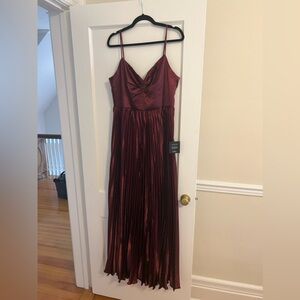 Lulus Burgundy Satin Pleaded Maxi Dress